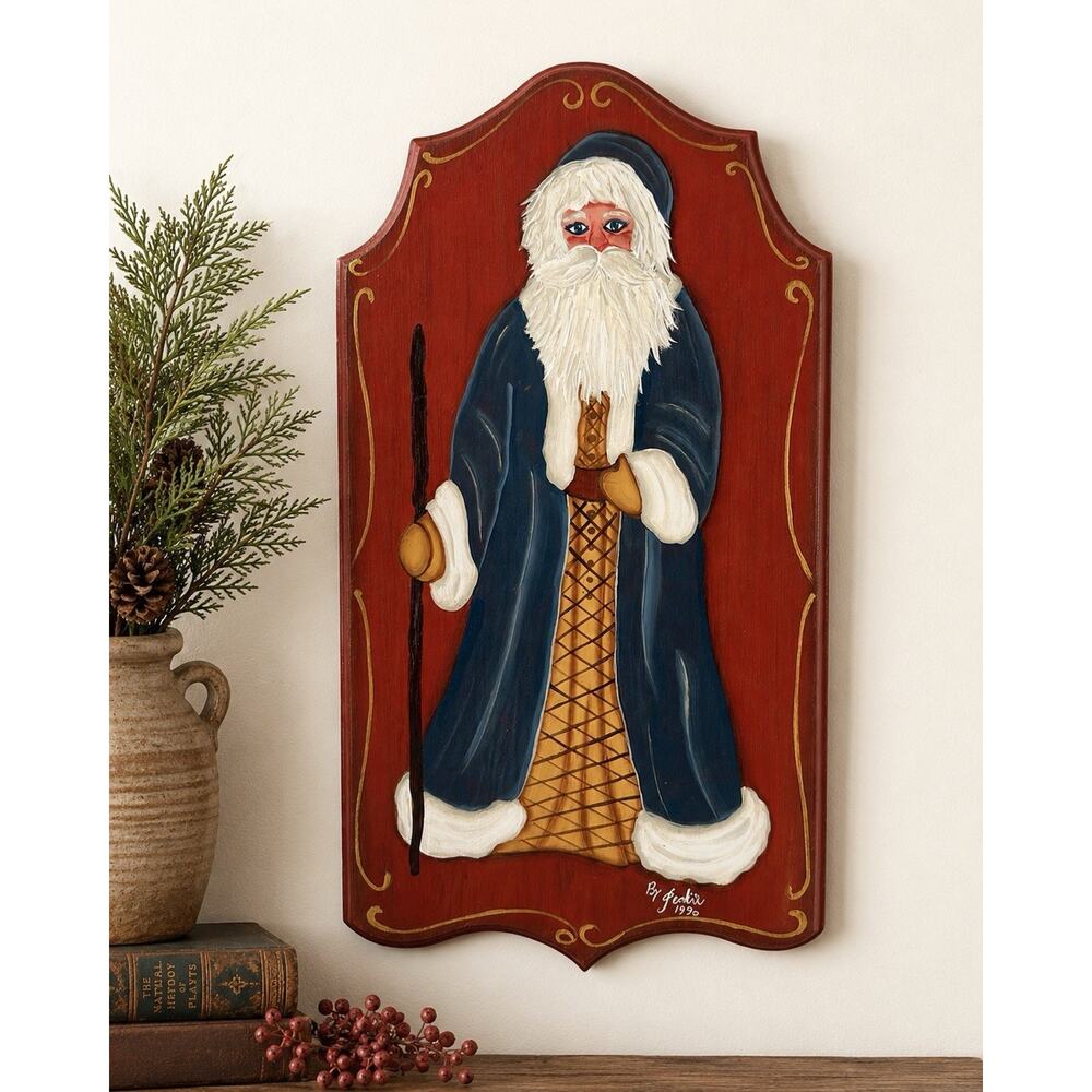 Folk Art Santa Claus Hand Painted Wooden Wall Plaque Signed Forkie 1990 16.5”